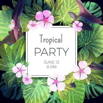 Bright green vector tropical background with pink and purple flowers. Exotic 库存插图