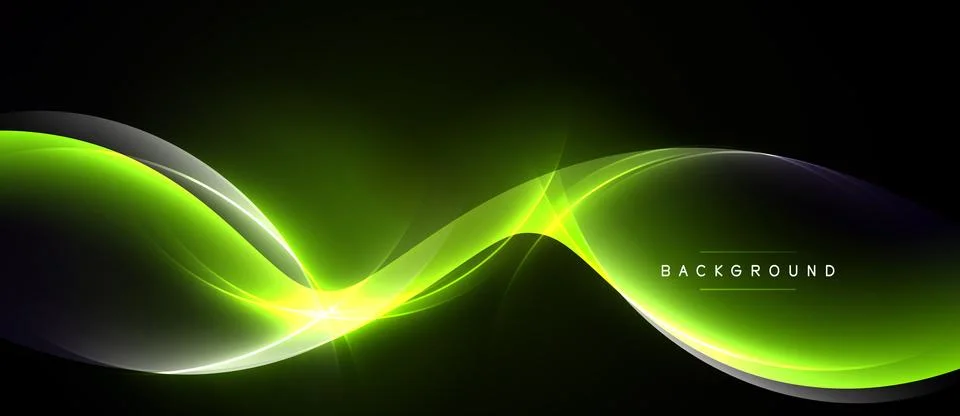 Bright green waves flow across dark background. Dynamic light creates sleek, Stock Illustration