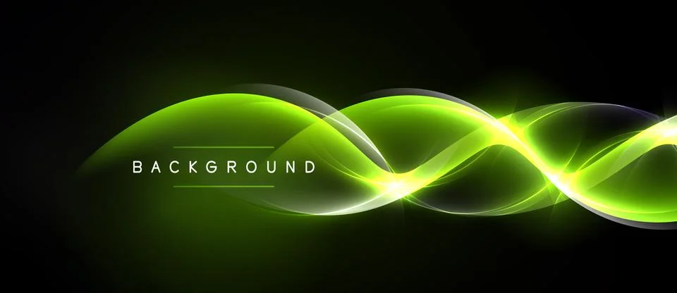 Bright green waves flow across black space. Dynamic curves create glowing lig Stock Illustration