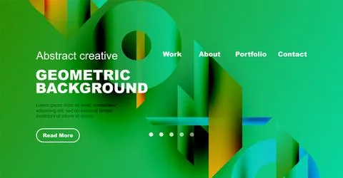 Bright green website header features abstract geometric shapes, text, navigation Stock Illustration