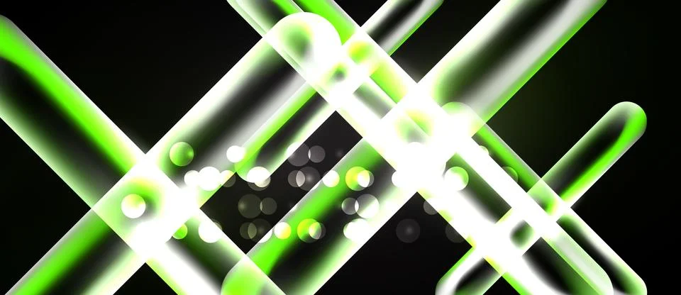 Bright green, white lines intersect over black background. Small glowing orbs Ilustração Stock