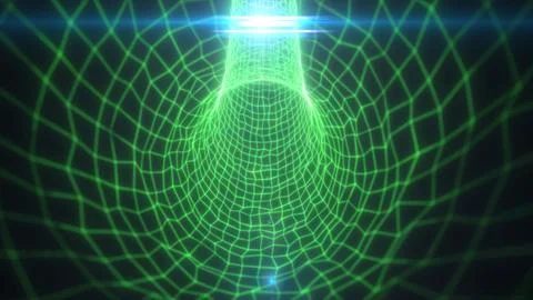 Bright green wireframe grid tunnel with lens flare, forming an abstract sci.. Stock Illustration