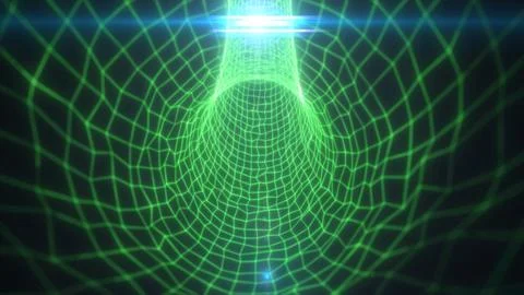 Bright green wireframe grid tunnel with lens flare, forming an abstract sci.. Illustrazione stock