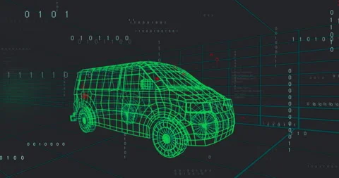 Bright green wireframe van emerging on dark grid, binary code streams swirling Stock Footage 312757525
