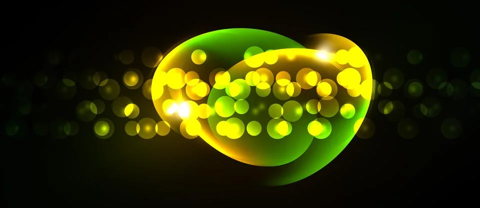 Bright green, yellow bubbles float against black background. Sparkling lights Stock Illustration