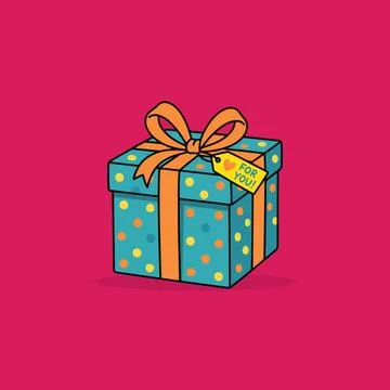 Bright greenish blue gift box with colorful polka dots and orange ribbon an.. Stock Illustration