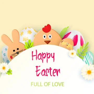 Bright greeting card with Happy Easter. Easter bunny and chicken Stock Illustration
