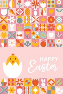 Bright greeting card for Happy Easter with text. design with geometric shapes. Stock Illustration