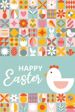 Bright greeting card for Happy Easter with text. design with geometric shapes. Stock Illustration