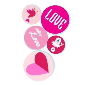 Bright greeting card with loving elements and the word love in circles 스톡 일러스트