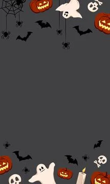 Bright Halloween frame on a dark background with pumpkins, ghosts, skulls, bats Stock Illustration