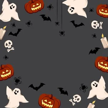 Bright Halloween frame on a dark background with pumpkins, ghosts, skulls, bats Illustrazione stock