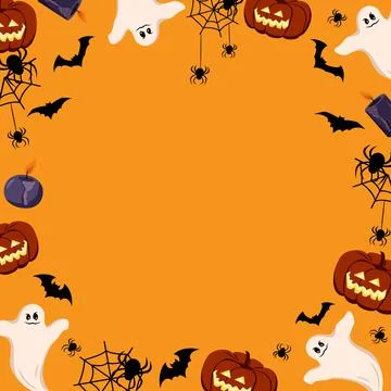 Bright Halloween frame on a dark background with pumpkins, ghosts, skulls, bats Stock Illustration