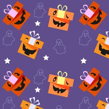 Bright Halloween pattern with gifts with faces, ghosts and white stars. Stock Illustration