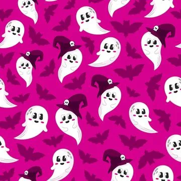 Bright halloween seamless pattern with cute ghost characters 스톡 일러스트