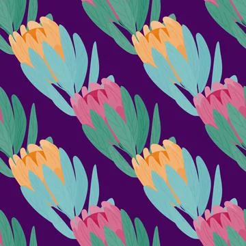 Bright hand drawn seamless pattern with yellow and pink protea flowers orname Illustrazione stock