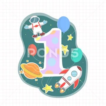 Bright Happy Birthday number One with Planet, Astronaut, Rocket and balloons PSD Template
