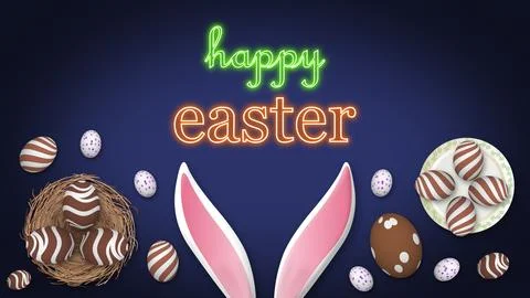 Bright happy easter blessings illustration with chocolate eggs and pink bun.. Stock Illustration