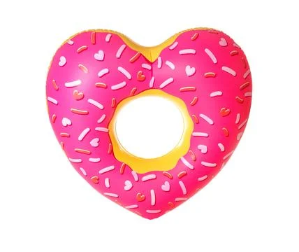 Bright heart-shaped inflatable ring on white background. Summer holidays 스톡 사진