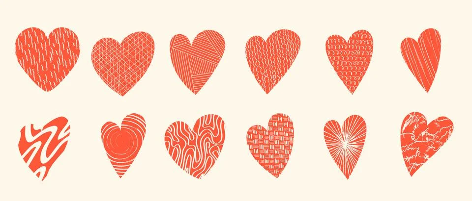 Bright hearts with loop, drops, spots, curves, lines and waves. Hand drawn .. Illustrazione stock