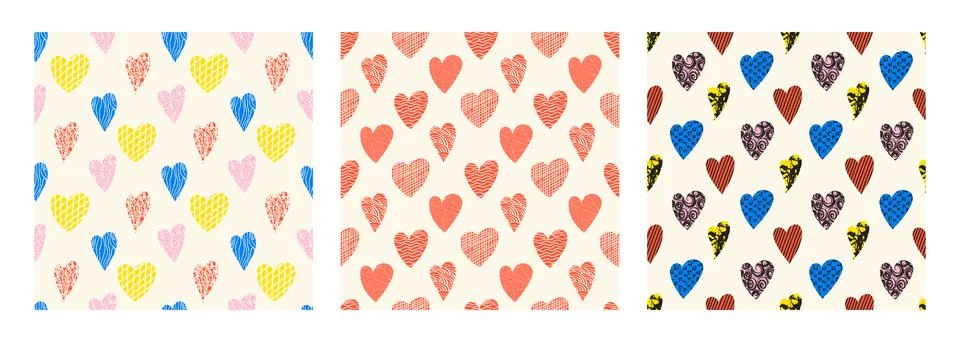 Bright hearts with loop, drops, spots, curves, lines and waves seamless patte Stock Illustration