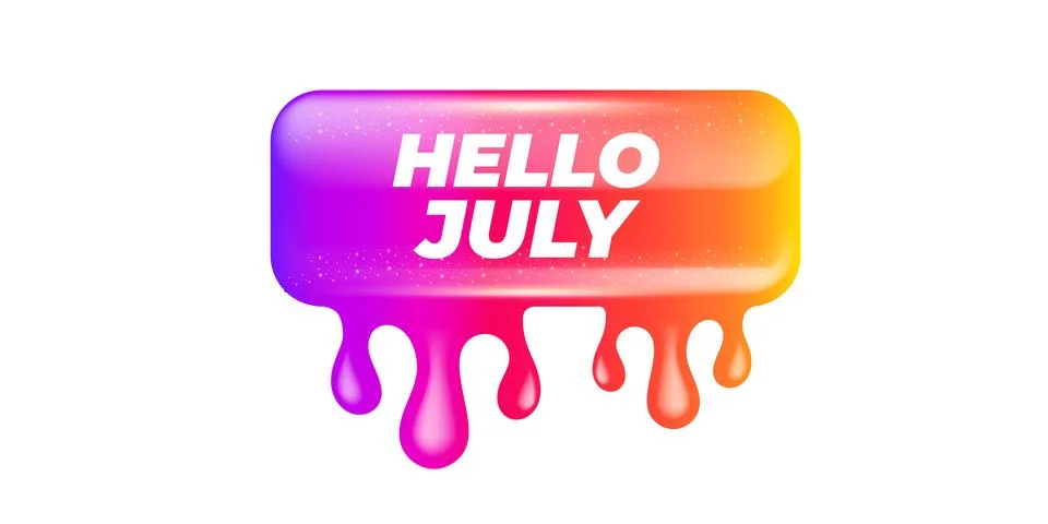 Bright Hello July rainbow gradient typography banner vector. Glossy Hello July Illustrazione stock