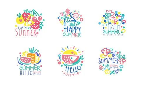 Bright Hello Summer Logo or Label for Seasonal Vacation Design Vector Set Illustrazione stock