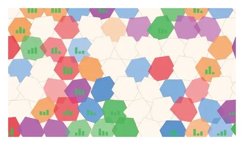 Bright hexagonal grid with colorful translucent shapes and data graphics. Stock Illustration
