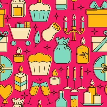 Bright holiday celebration seamless pattern in colored line style Stock Illustration