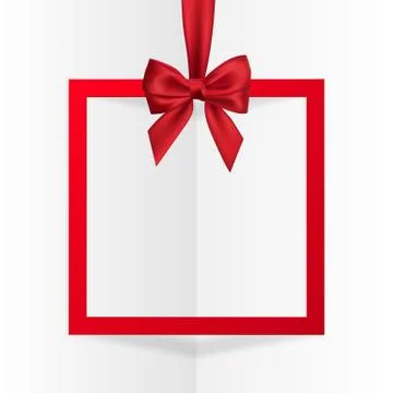 Bright holiday gift box frame banner hanging with red ribbon and silky bow on Stock Illustration