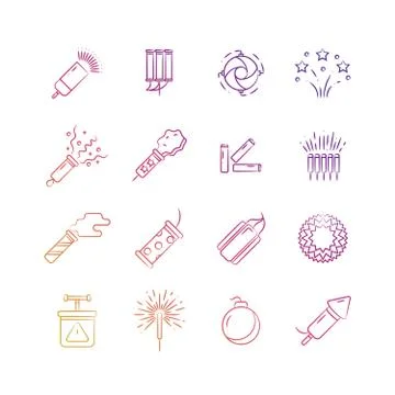 Bright holiday pyrotechnic line vector icons. Festival fireworks elements design Stock Illustration