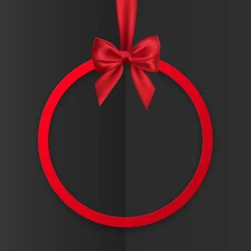 Bright holiday round frame banner hanging with red ribbon and silky bow  on b Stock Illustration