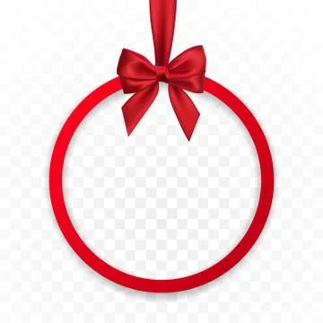 Bright holiday round frame banner hanging with red ribbon and silky bow  on t Stock Illustration