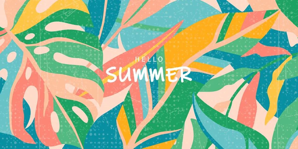 Bright horizontal summer banner in flat artistic style with grainy texture... Stock Illustration