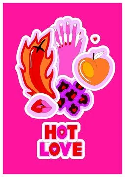 Bright hot sensual composition of hands, chili, kiss and peach on pink backgr Stock Illustration