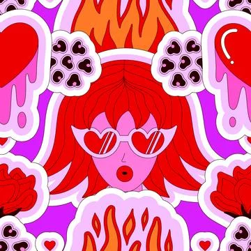 Bright hot sensual seamless pattern of red head woman, flame, melting heart.. Stock Illustration