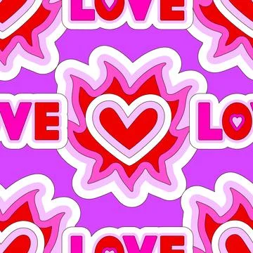 Bright hot sensual seamless pattern of flaming heart and lettering on purpl.. Stock Illustration