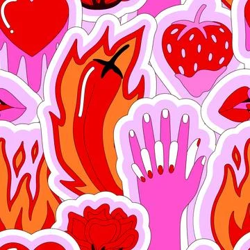 Bright hot sensual seamless pattern of hands, flame, chili, melting heart, .. Stock Illustration