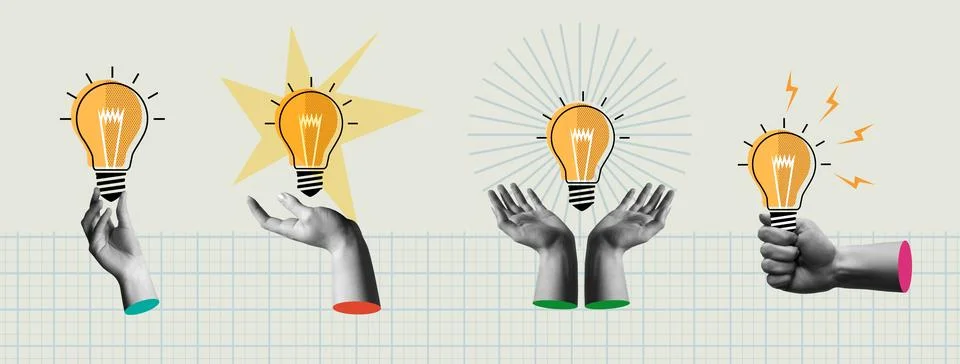 Bright idea concept in retro collage 90s style vector illustration set Stock Illustration