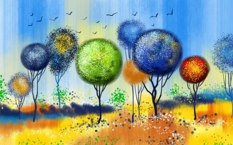 Bright illustration, thin multi-colored spherical trees on a spotted background Stock Illustration