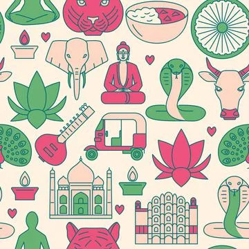 Bright India seamless pattern in colored line style Stock Illustration