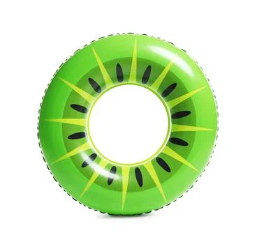 Bright inflatable ring with kiwi pattern on white background Stock Photos