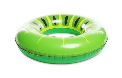 Bright inflatable ring with kiwi pattern on white background Stock Photos