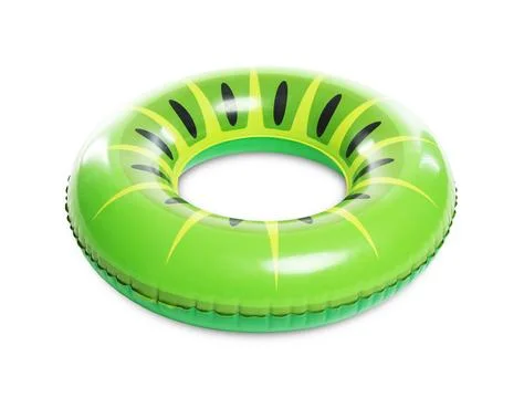 Bright inflatable ring with kiwi pattern on white background Stock Photos