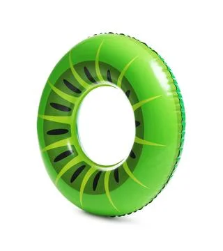 Bright inflatable ring with kiwi pattern on white background Stock Photos