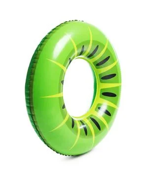 Bright inflatable ring with kiwi pattern on white background Stock Photos