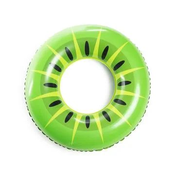 Bright inflatable ring with kiwi pattern on white background, top view Stock Photos