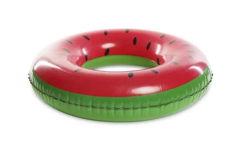 Bright inflatable ring with watermelon pattern on white background Stock Photos