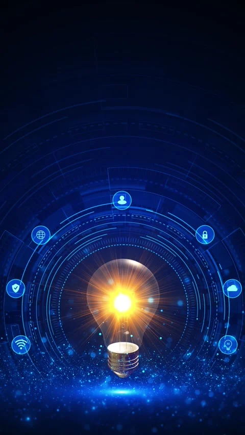 Bright innovation bulb appears inside a blue technology dashboard with user Stock Footage 341014902