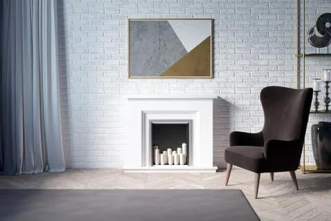 Bright interior with horizontal poster under the fireplace. 3d render Illustrazione stock